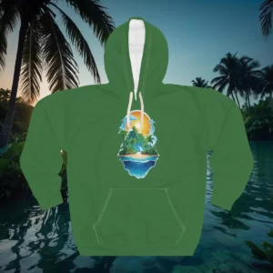 Hoodie with a tropical island design featuring palm trees, a vibrant sunset, and ocean reflections.