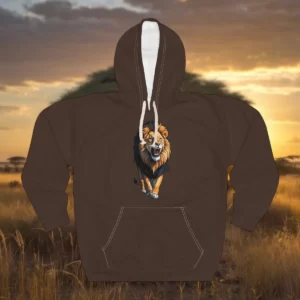 A hoodie featuring a roaring lion graphic, displayed against a savanna backdrop at sunset.