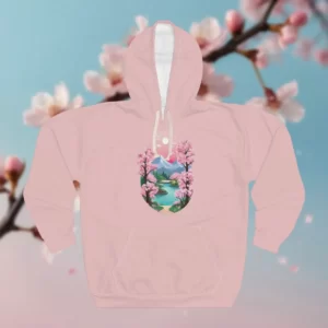 Hoodie featuring a vertical scenic design with cherry blossom trees, a calm lake, and a snow-capped mountain under a bright sun.