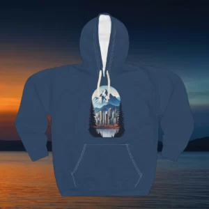 Hoodie featuring a design of a city skyline with towering buildings surrounded by pine trees and a mountain backdrop, reflected in a serene lake.