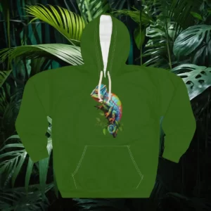 Hoodie featuring a colorful chameleon design surrounded by a lush jungle background.