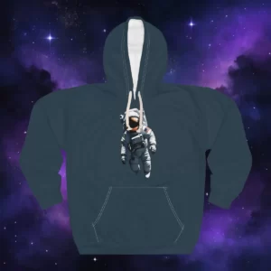 Navy blue hoodie with an illustration of an astronaut floating in zero gravity, set against a purple starry space background.