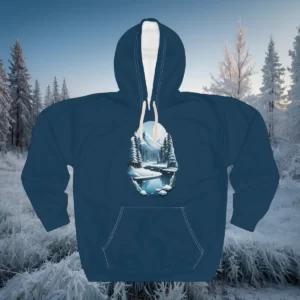 Winter-themed hoodie featuring a serene snowy landscape with a river, pine trees, and mountains in the background.