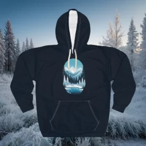 Winter-themed hoodie featuring a snowy landscape design with a frozen lake, pine trees, and mountains under a starlit sky.