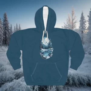 Winter-themed hoodie featuring a tranquil snowy landscape with a moonlit river, pine trees, and a serene winter atmosphere.