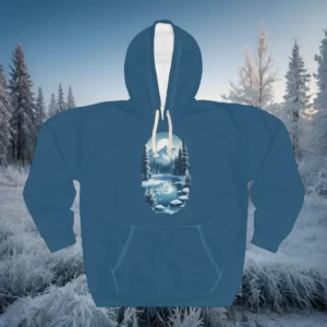 Winter-themed hoodie featuring a snowy landscape with a calm river, pine trees, and mountains illuminated by soft daylight.