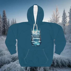 Winter-themed hoodie featuring a serene snowy landscape with a river, pine trees, and mountains under a calm, starlit sky.