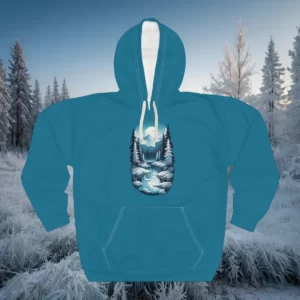 Winter-themed hoodie featuring a serene snowy landscape with a flowing river, pine trees, rocks, and distant mountains under a soft sky.