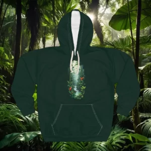 Hoodie featuring a rainforest-inspired design with lush foliage, a flowing stream, and red birds in a vertical layout.