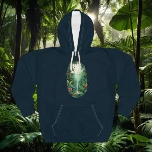 Hoodie with an oval rainforest-themed design featuring lush greenery, tropical flowers, and a bright light filtering through the trees.