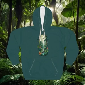 Hoodie featuring a vertical rainforest-themed design with lush tropical greenery, colorful flowers, and a glowing light.