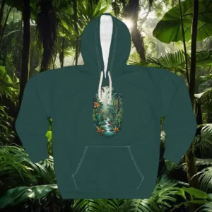 Hoodie featuring an oval rainforest-themed design with vibrant tropical plants, a flowing stream, and sunlight filtering through.