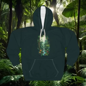 Hoodie with a vertical rainforest-themed design featuring lush greenery, tropical flowers, a flowing stream, and sunlight.