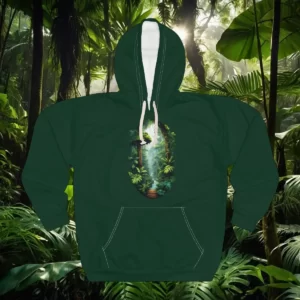 Hoodie featuring an oval rainforest-themed design with lush greenery, a pathway, and sunlight filtering through the trees.