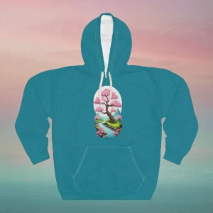 A teal hoodie featuring a design of a cherry blossom tree in a tranquil landscape with a stream, set against a pink and blue gradient background.