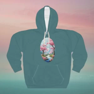 A hoodie featuring a design of a scenic landscape with cherry blossom trees, a stream, and distant mountains under a soft pink and blue gradient sky.