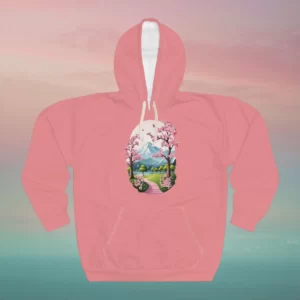 A hoodie featuring a design of cherry blossom trees flanking a scenic pathway leading to a distant mountain, with a serene sky and lush greenery.