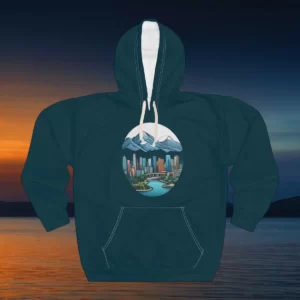 Hoodie featuring a circular design of a city skyline with tall buildings, a bridge, a river, green spaces, and mountain peaks in the background.