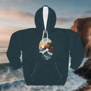 Hoodie featuring a scenic design of crashing ocean waves against rocky cliffs, with seagulls and a warm sky in the background.