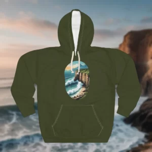 Hoodie featuring a scenic design of steep coastal cliffs, ocean waves, and a serene sky with warm sunlight.