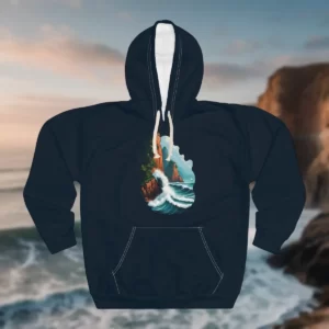 Hoodie featuring a scenic design of crashing waves against rocky cliffs, with greenery and a bright sky in the background.