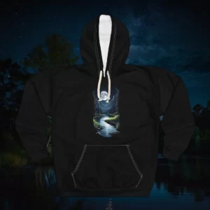 Hoodie with a design of a moonlit forest and flowing river under a starry night sky.