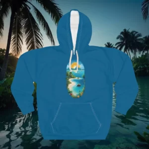 Hoodie featuring a tropical island design with a winding beach, palm trees, and a tranquil ocean under a bright sun.