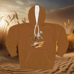 Hoodie featuring a leaping cheetah design with a dynamic motion effect, set against a natural grassland background.