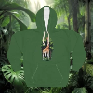 Hoodie featuring a giraffe standing among lush jungle foliage, set against a vibrant rainforest background.