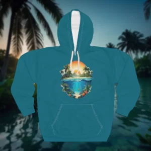 Hoodie featuring a tropical island design with a sunset, palm trees, and an underwater coral reef scene.