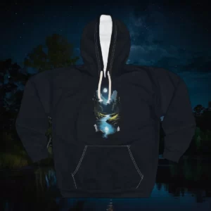 Hoodie with a design featuring a moonlit forest, a tranquil river, and small wildlife under a starry night sky.