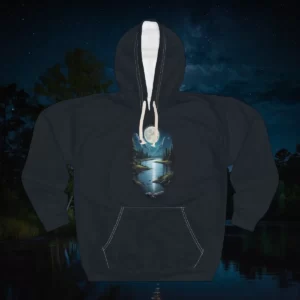 Hoodie with a design of a serene moonlit forest, calm river, and nature scene under a starry night sky.