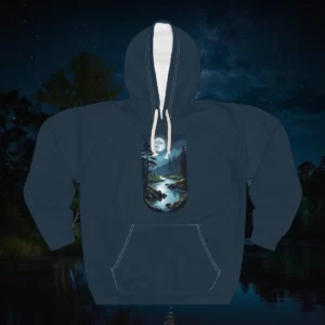 Hoodie featuring a design of a serene moonlit forest, a flowing river, and natural surroundings under a starry night sky.