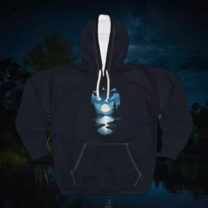 Hoodie featuring a design of a glowing full moon, serene forest, and reflective river under a starry sky.