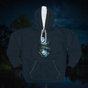 Hoodie featuring a serene design of a full moon over a forest, a flowing river, and a lush landscape under a starry night sky.