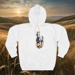 Hoodie featuring a galloping horse design against a natural landscape background.