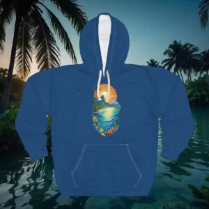 Hoodie featuring a tropical island design with a sunset, palm trees, and vibrant flowers, set against a lush island background.