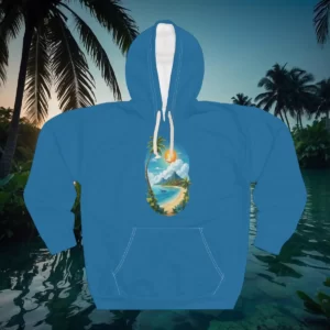 Hoodie featuring a tropical island design with a beach, palm trees, and a sunset, set against a lush tropical background.