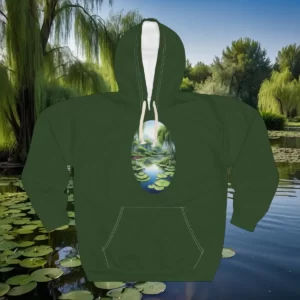 A hoodie featuring an oval design of a serene pond with water lilies and lush willow trees, set against a tranquil natural backdrop.