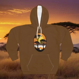 Hoodie featuring an oval-shaped design of an African sunset with silhouetted trees, set against a savannah background.