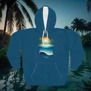 Hoodie with a tropical island design featuring palm trees, a vibrant sunset, and ocean waves blending into an underwater view.