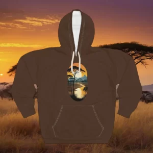 Hoodie featuring an oval-shaped design of a savannah landscape with a setting sun, reflective water, and silhouetted trees.