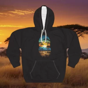 Hoodie featuring an oval-shaped design of a vibrant savannah landscape with a glowing sunset, distant hills, and silhouetted trees.