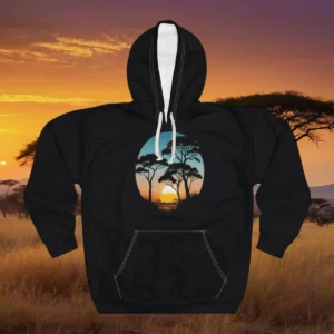 A hoodie featuring a sunset savanna landscape design with acacia trees, displayed against a background of an African savanna at sunset.