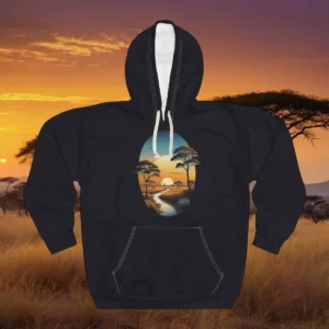 A hoodie featuring a vibrant savanna landscape design with a sunset, acacia trees, and a winding river, displayed against an African savanna backdrop at sunset.