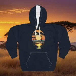 A hoodie featuring a savanna sunset design with acacia trees, a setting sun, and its reflection in a river, displayed against an African savanna backdrop.