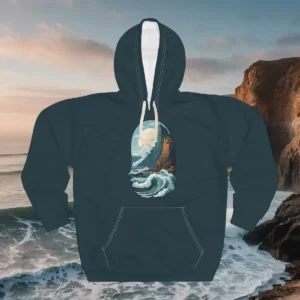 Hoodie featuring a rugged coastal design with waves crashing against cliffs under a cloudy sky.