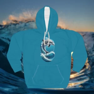 Hoodie featuring a jumping dolphin design with ocean wave elements, set against a water-themed background.