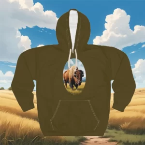 Brown hoodie with an illustration of a bison standing in a grassy field, surrounded by a scenic blue sky and white clouds background.