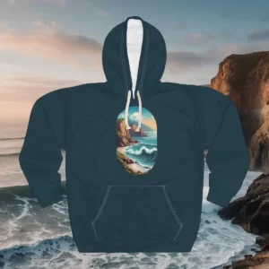 Hoodie featuring a scenic coastal design with waves crashing against cliffs under a vibrant sky.